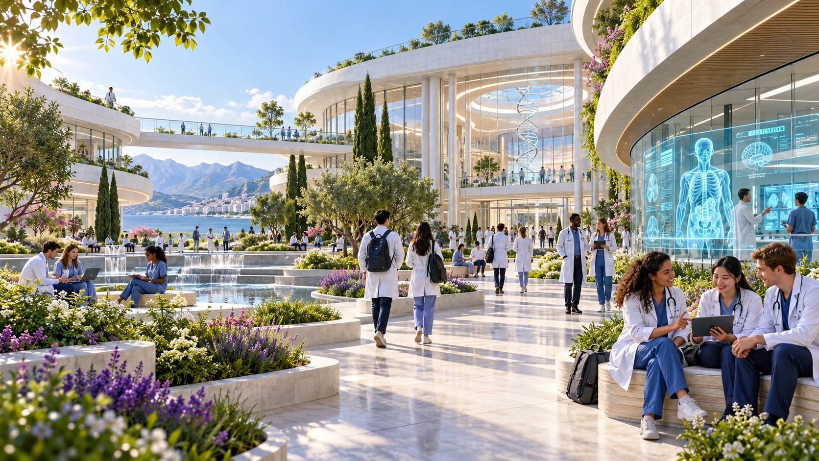 An inviting medical and science campus courtyard