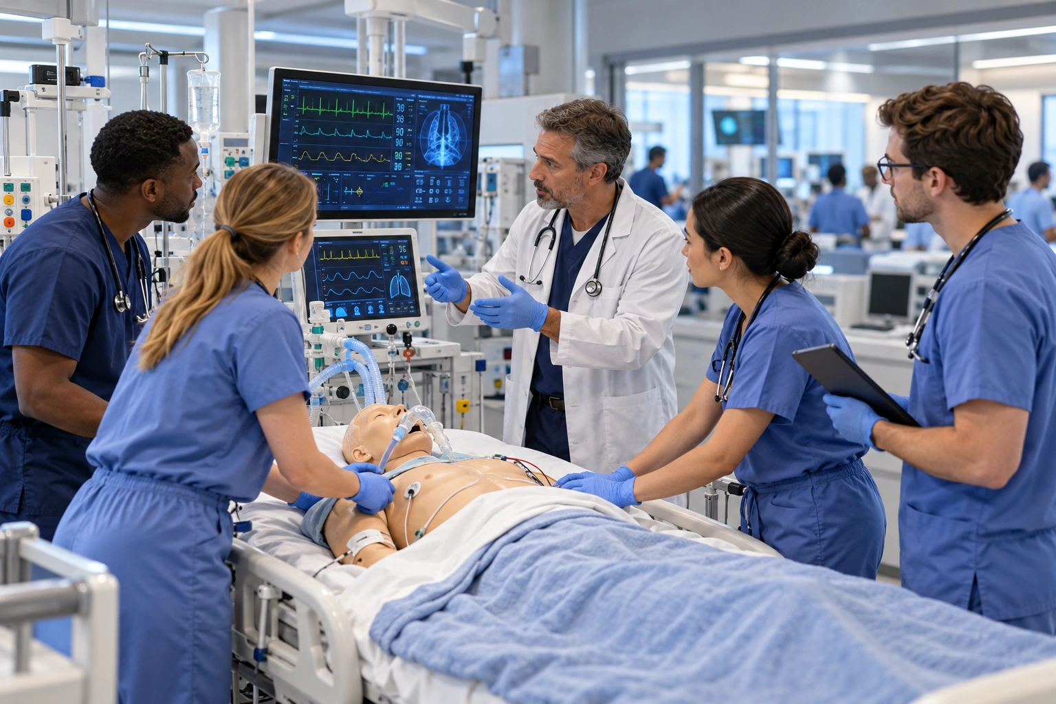 Doctors working with a patient in a teaching hospital